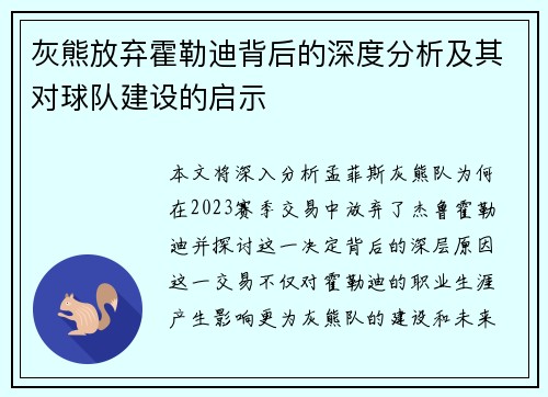 灰熊放弃霍勒迪背后的深度分析及其对球队建设的启示