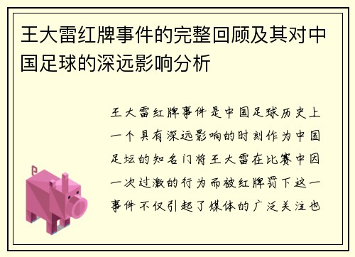 王大雷红牌事件的完整回顾及其对中国足球的深远影响分析 王大雷红牌事件的完整回顾及其对中国足球的深远影响分析